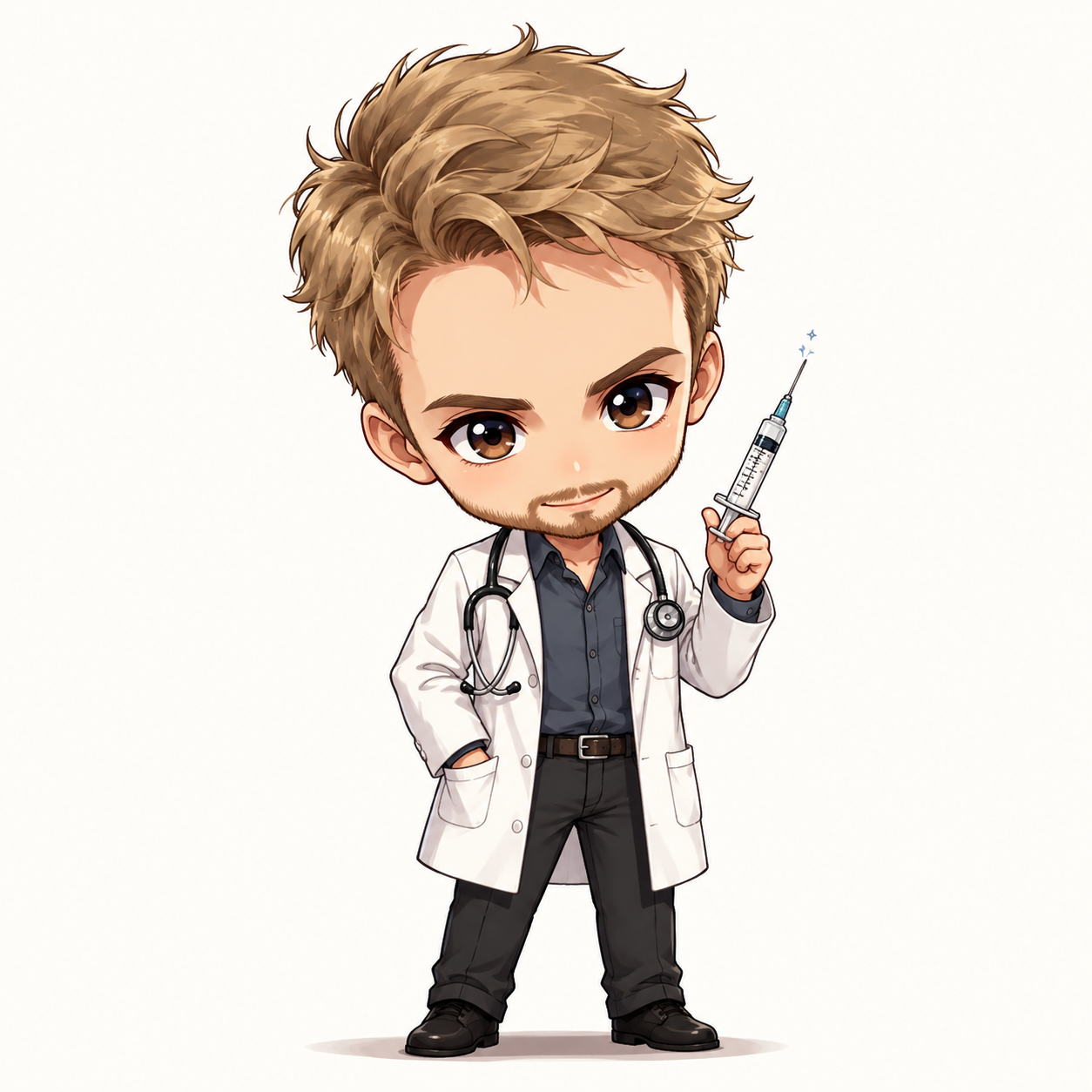 Illustrated researcher holding a laboratory syringe